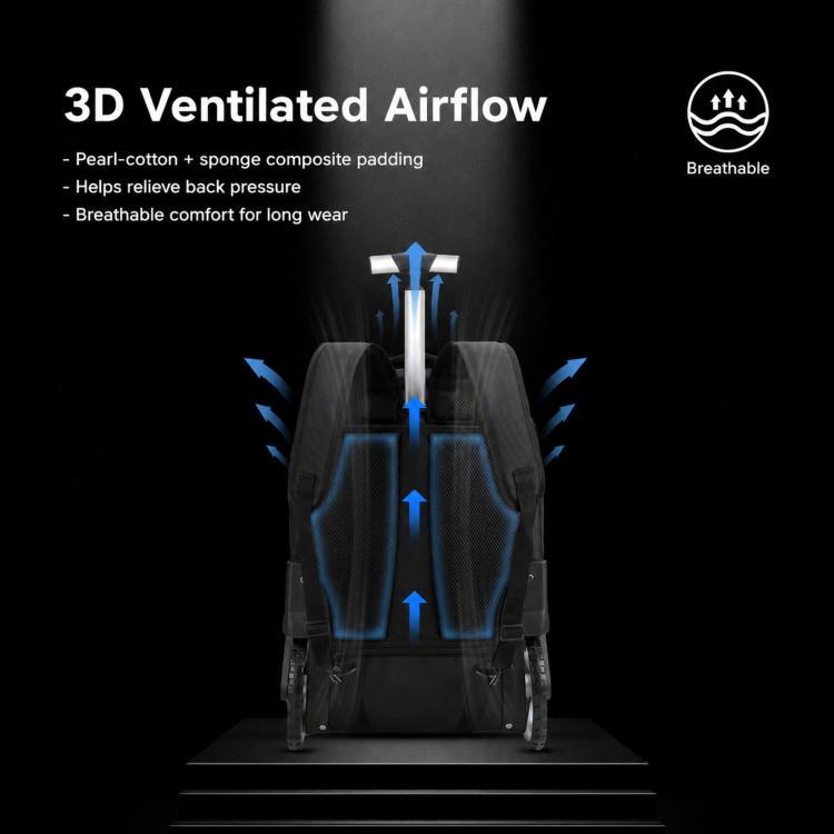 Black backpack back panel with 3D ventilated padding and padded adjustable shoulder straps.