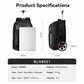 Black wheeled backpack with front zip pocket and visible laptop compartment, trolley handle.
