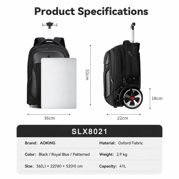 Black wheeled backpack with front zip pocket and visible laptop compartment, trolley handle.