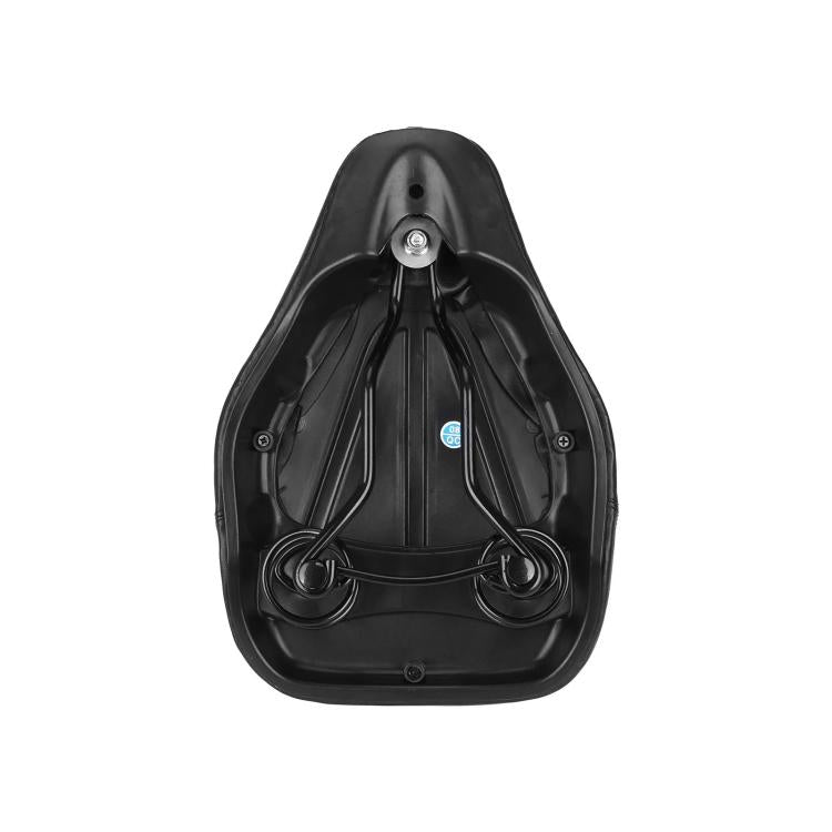Underside of black padded scooter seat with mounting springs and hardware plate