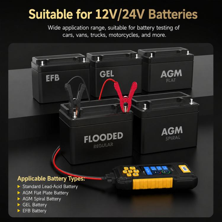 AUTOOL BT760 battery tester for 12V/24V batteries with red clamp lead connection