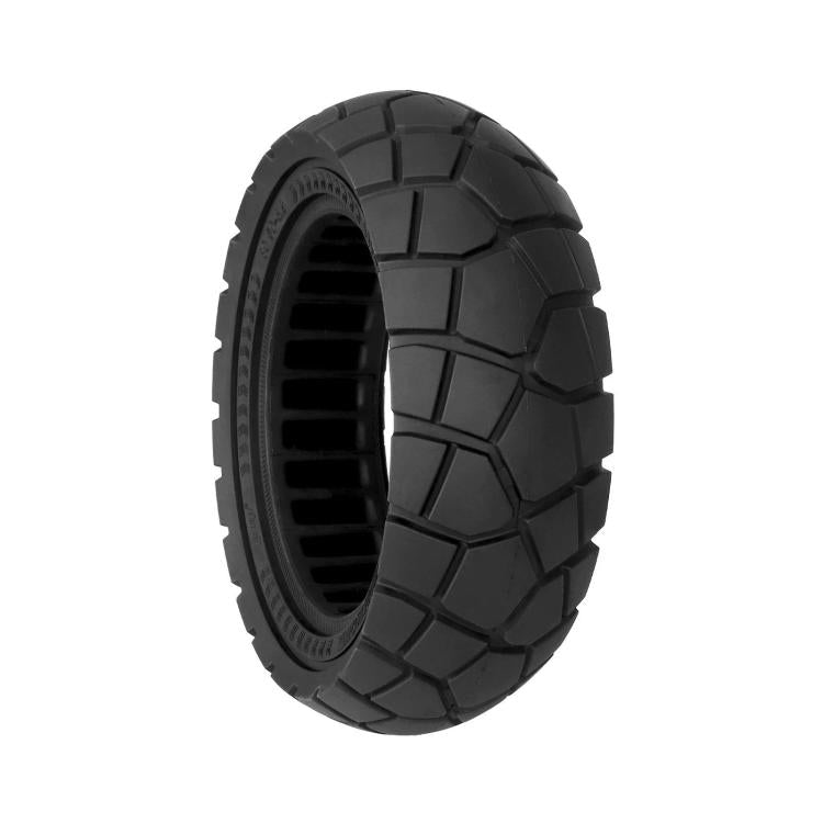 Black solid off-road scooter tire with chunky tread pattern, front view