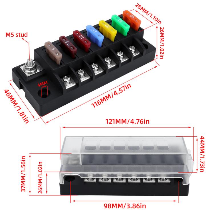 Blade fuse holder with dimensions diagram showing single inlet and six outlet positions