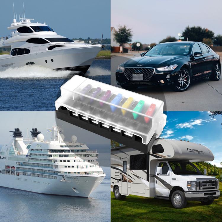 Waterproof blade fuse holder with clear cover, positioned on vehicle accessory display