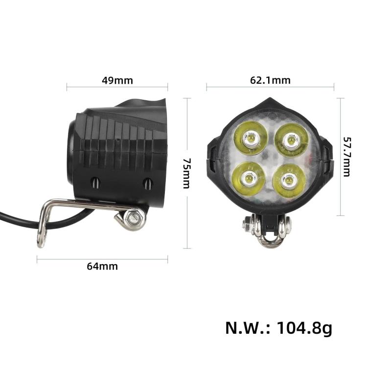 Headlight size diagram: 49mm, 64mm, 62.1mm, 57mm; weight 104.8g