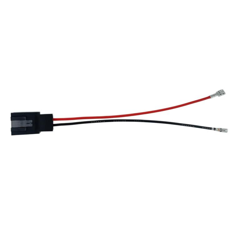 Car audio speaker wiring harness adapter with black connector and two crimp terminals