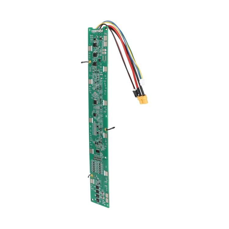 Green circuit board with cable harness and yellow connector plug for battery management