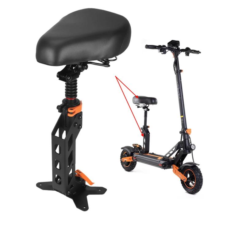 Padded black scooter seat with spring suspension and black mounting bracket, orange accents