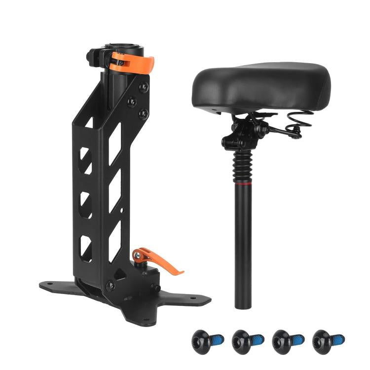 Black padded saddle with spring post, tall mounting bracket and included screws, orange accents