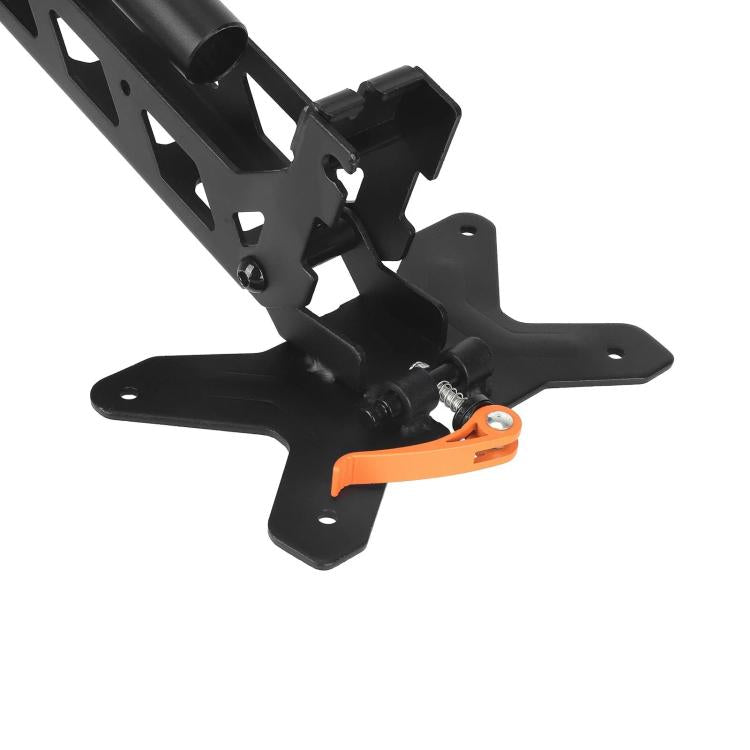 Black mounting plate with orange lever and attachment hardware for scooter seat assembly