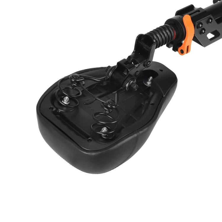 Black padded saddle seat with coil spring, wiring loops, and orange bracket accents
