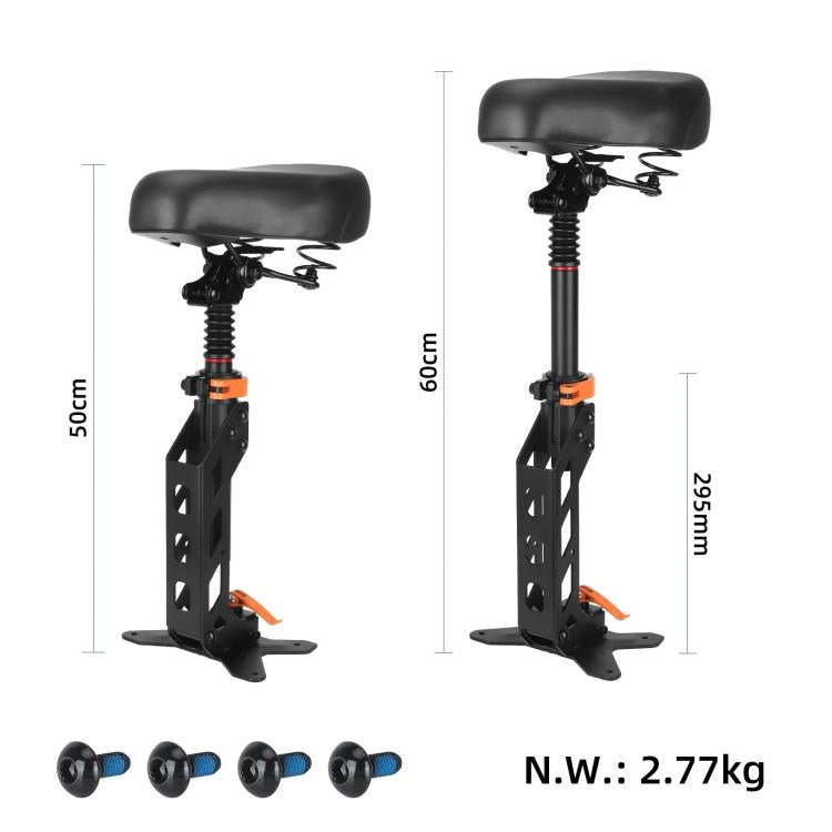 Black padded scooter seat kit with spring post and mounting frame, size diagram