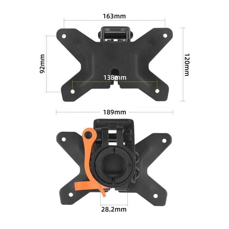 Black mounting bracket dimensions diagram with orange connector piece