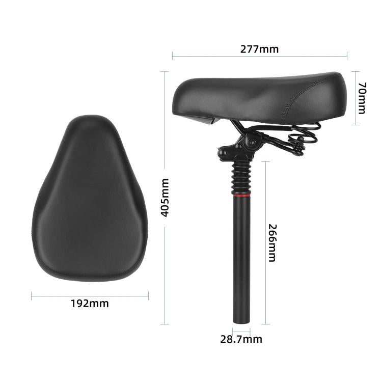 Black padded scooter saddle with spring post, side view dimensions diagram