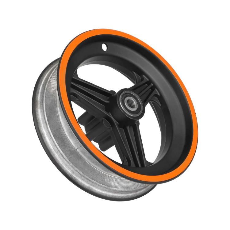 Front scooter wheel rim with black spokes and orange trim, aluminum alloy outer rim