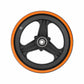Front scooter wheel rim with black spokes, orange trim ring, center hub bearing