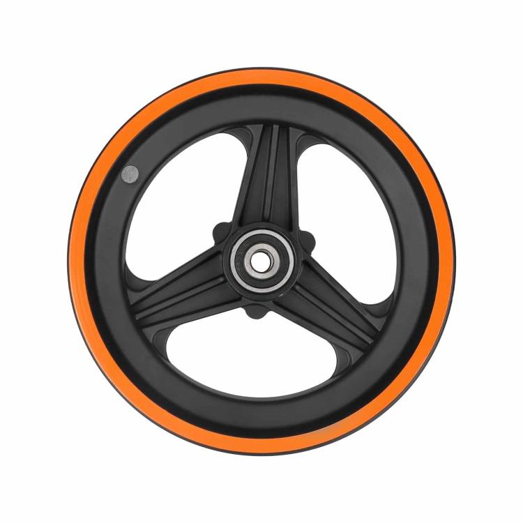 Front scooter wheel rim with black spokes, orange trim ring, center hub bearing