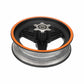 Front wheel hub and axle assembly with black spokes and orange trim, alloy rim