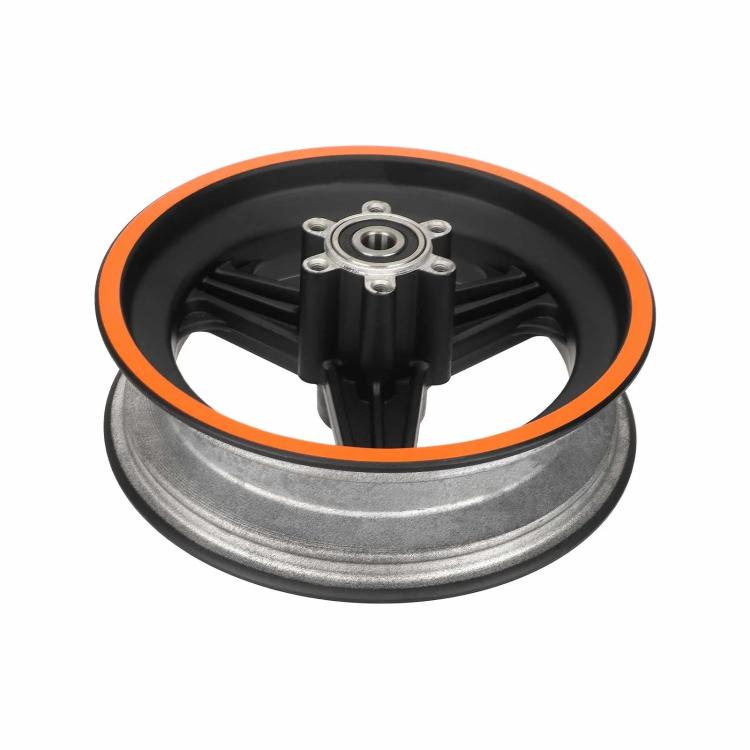 Front wheel hub and axle assembly with black spokes and orange trim, alloy rim