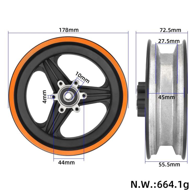 Front wheel rim dimensions view; black spokes with orange trim, alloy rim profile