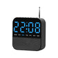 Black digital LED alarm clock radio with blue time display and day-of-week lights