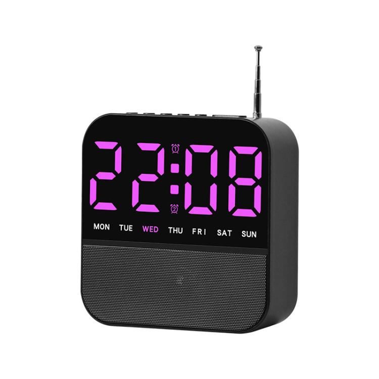 Black digital LED alarm clock radio with pink/purple time display and day-of-week lights
