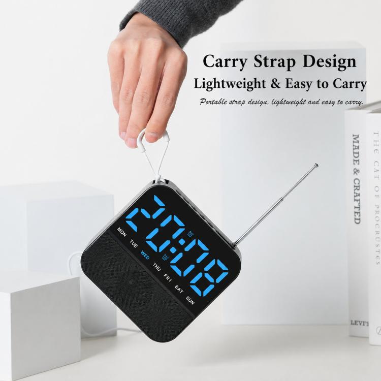 Digital alarm clock with blue LED display and carry strap, black case