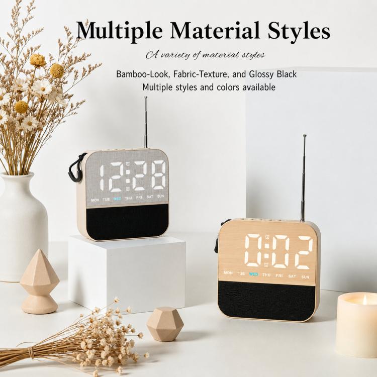 Digital alarm clock with large LED digits, showing beige and fabric-style cases