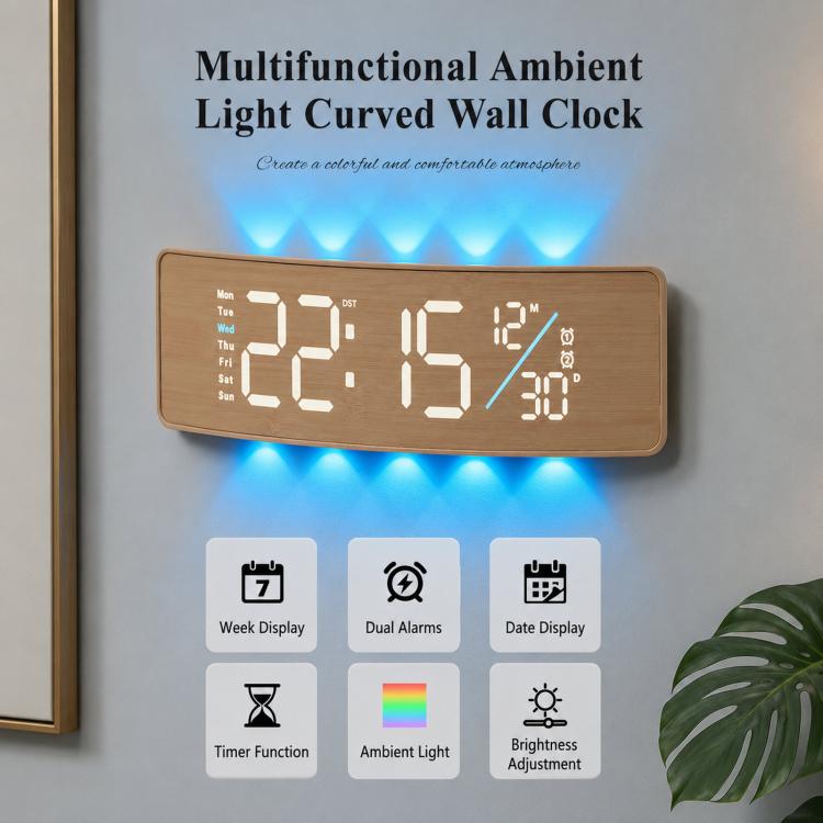 Curved Digital LED Wall Clock With RGB Ambient Backlight / Dual Alarms / Countdown Timer