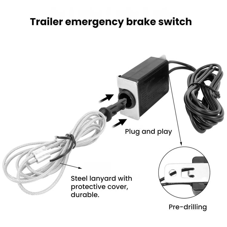 Black trailer emergency brake switch with plug-and-play harness and steel lanyard