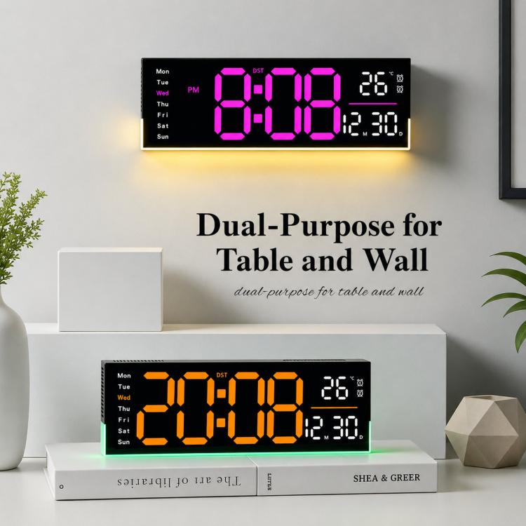 12.6 Inch LED Desk Clock Large Digital Wall Clock With RGB Ambient Light Temp / Date / Week / DST / Timer