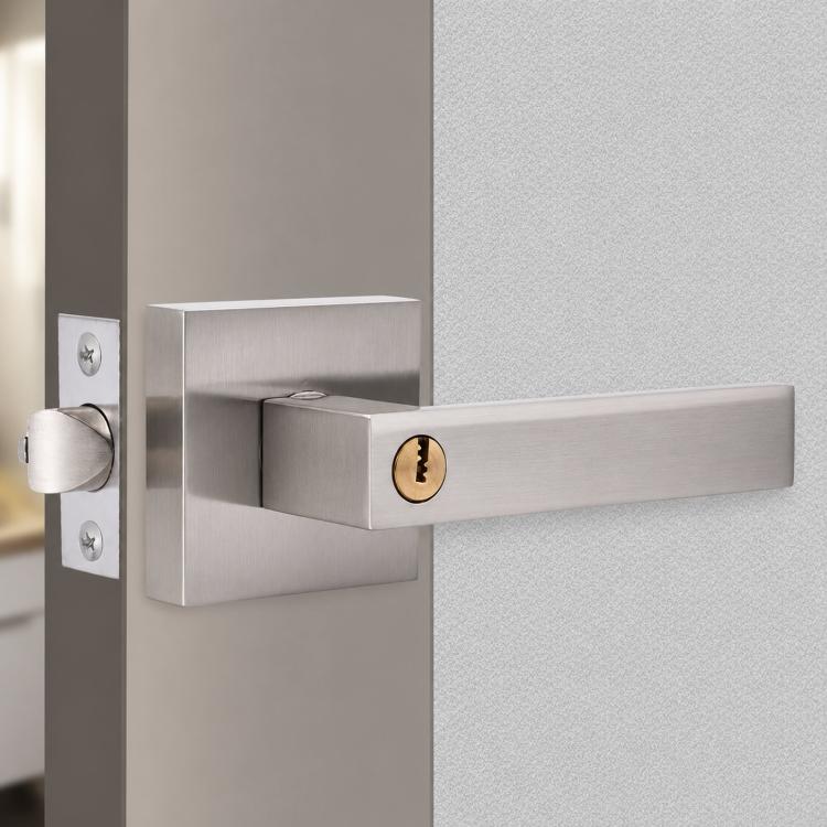 Brushed nickel square door lever lock with keyed cylinder for interior doors