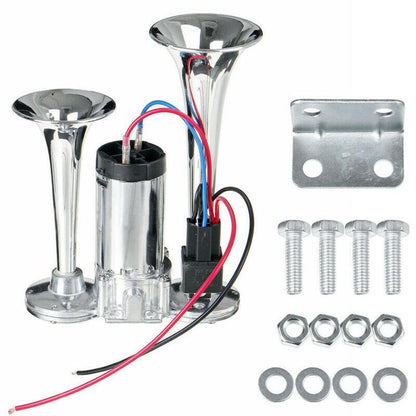 Double-tube electric car horn set with relay, silver metal trumpets and wiring harness