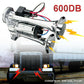 Chrome dual electric car horn with relay, angled view with wiring and horn mouths