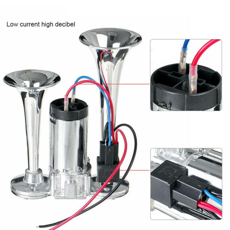 Double-tube electric horn with relay wiring, side view with connector close-up