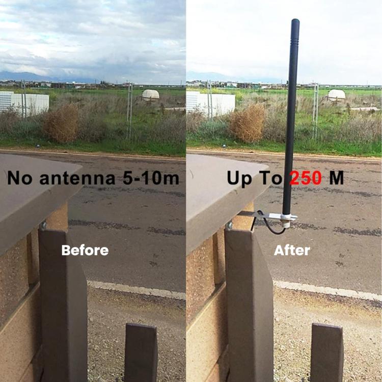 Outdoor antenna setup with tall black rod and metal base bracket for remote control