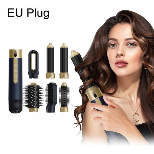Blue 6-in-1 air wrap hair styler brush kit with multiple styling attachments