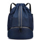 Navy blue drawstring sports backpack with front zipper and separate lower shoe compartment