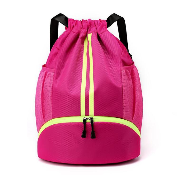 Pink drawstring sports backpack with neon yellow stripe and separate lower shoe compartment