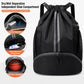 Black drawstring sports backpack with separate dry/wet shoe compartment, front view
