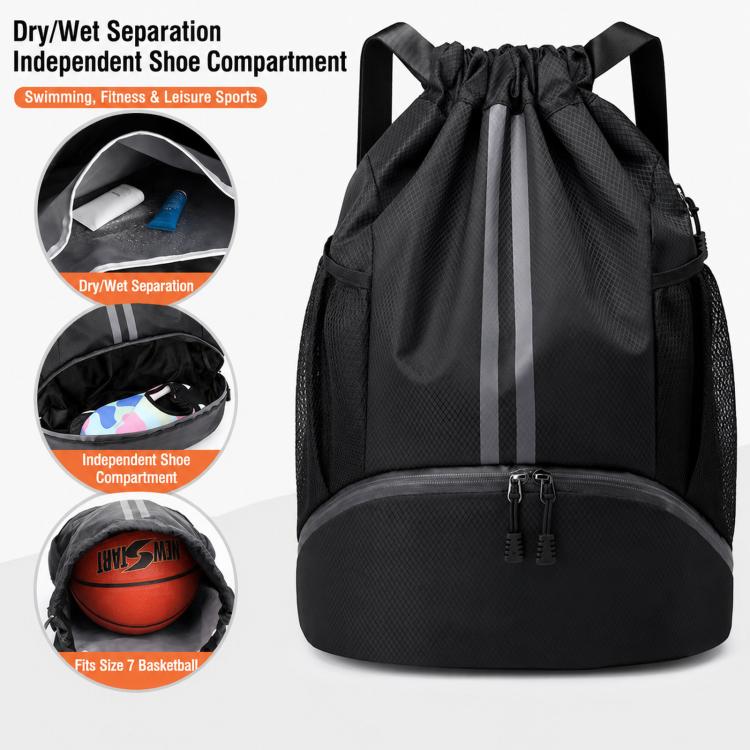 Black drawstring sports backpack with separate dry/wet shoe compartment, front view