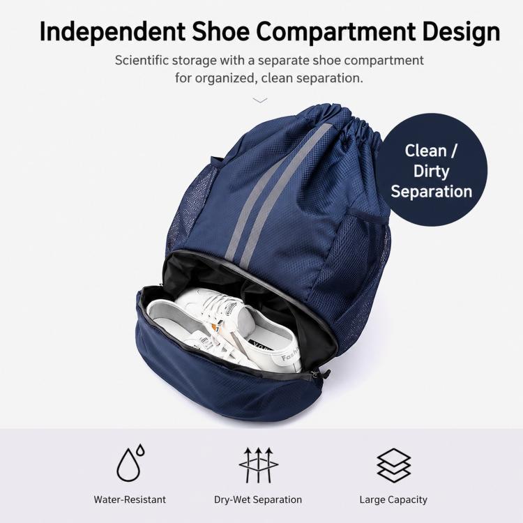 Blue drawstring sports backpack with open shoe compartment and front zipper