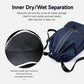 Blue drawstring sports backpack with inner dry/wet separation panel, side view