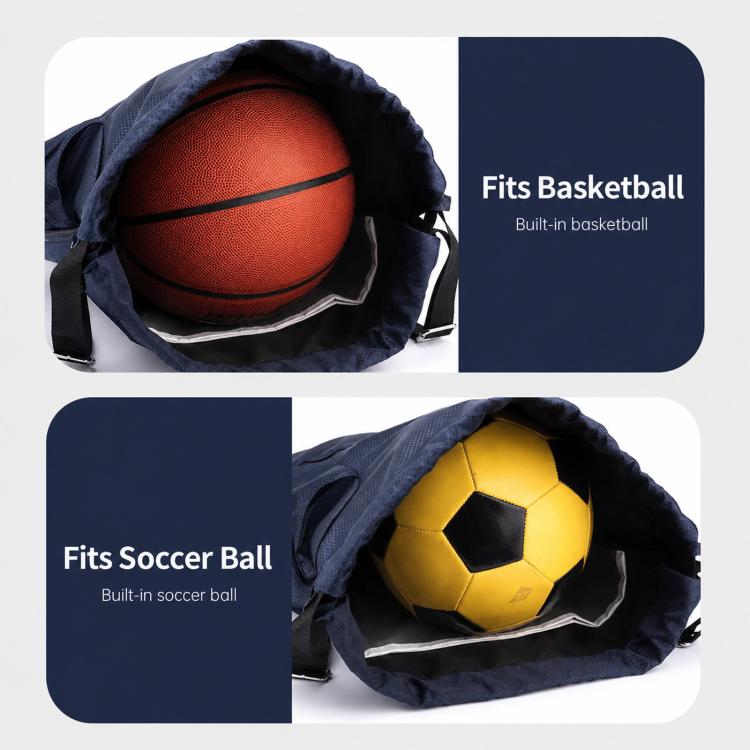 Navy drawstring sports backpack with shoe compartment, holds a basketball inside