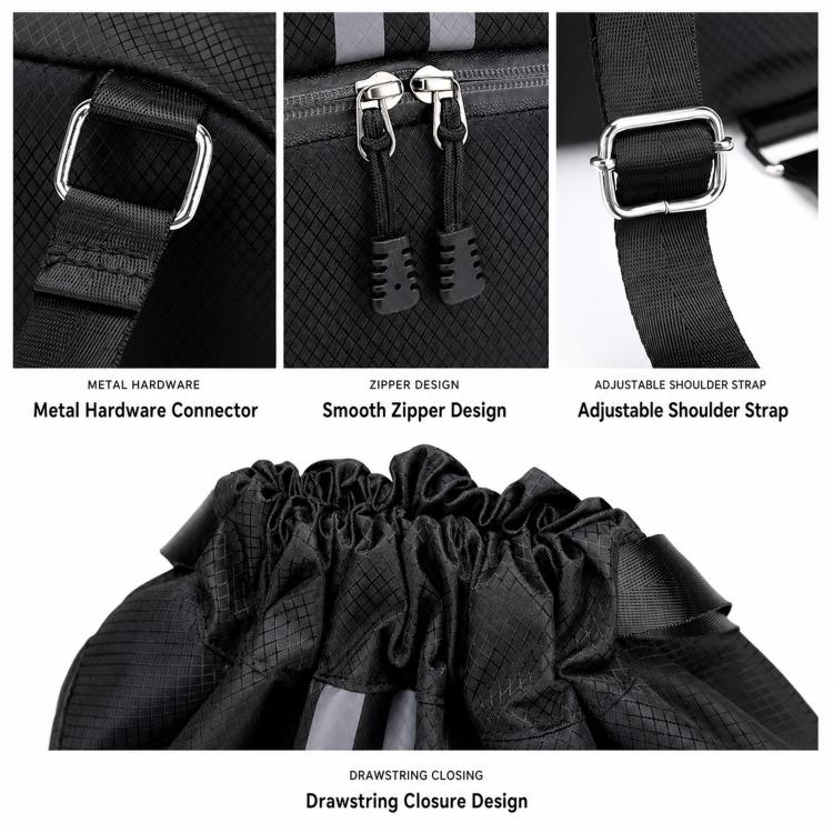 Black drawstring sports backpack details: metal hardware, zipper pockets, adjustable strap