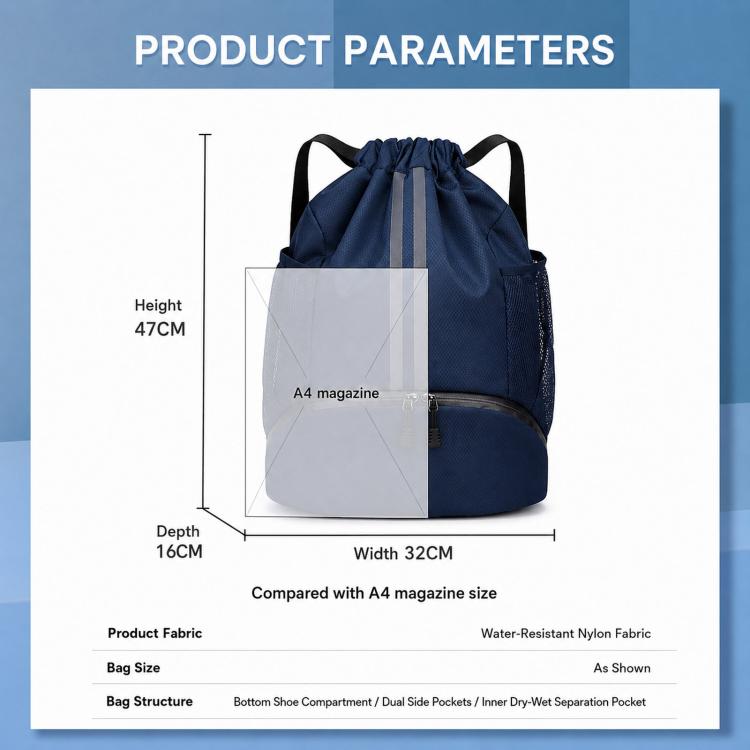 Navy water-resistant nylon drawstring backpack with bottom shoe compartment and wet/dry pocket