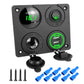 Black car panel dual USB charger with green voltmeter and rocker switch, cigarette-lighter ports