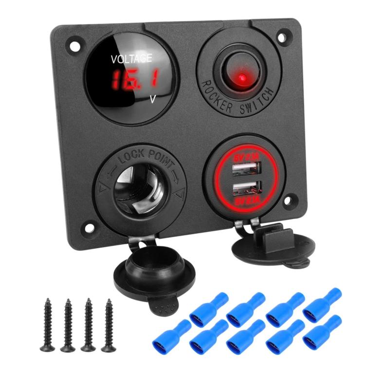 Black car panel dual USB charger with red voltmeter and rocker switch, cigarette-lighter ports
