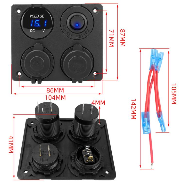 Black dual USB car panel switch size diagram, showing 86x104mm mounting dimensions