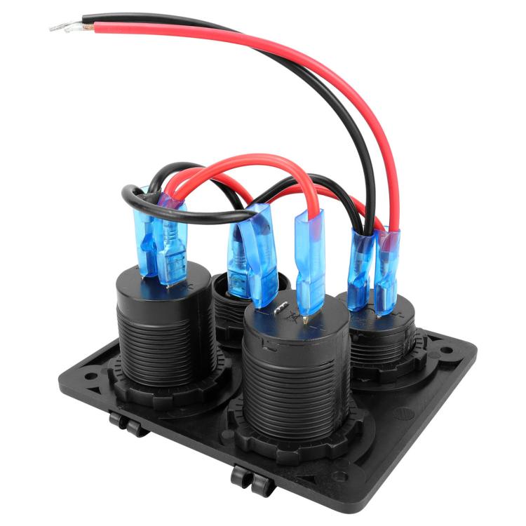 Black wired car 4-hole panel switch with dual USB ports and blue cap LEDs